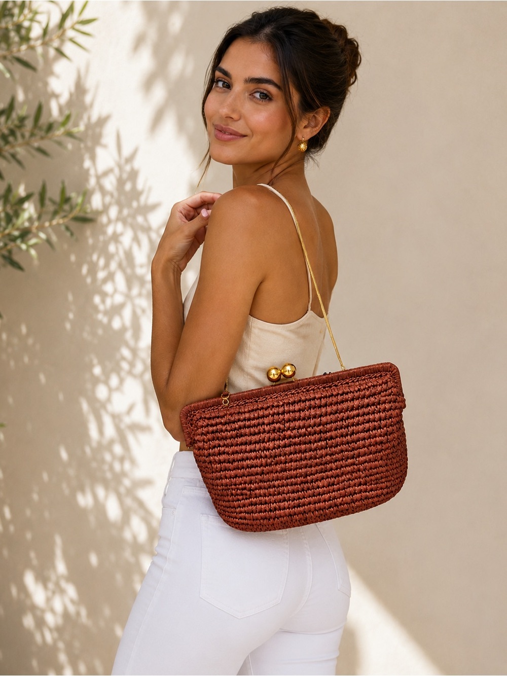 Rachel Zoe Woven Chestnut Shoulder/Clutch Bag with Gold Hardware